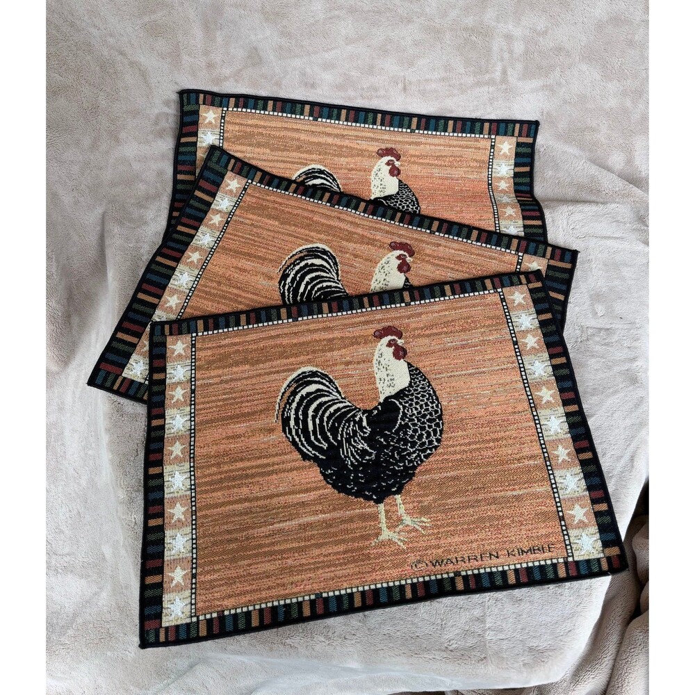 Set of 3 Warren Kimble Country Farmhouse Rooster Woven Tapestry Placemats
